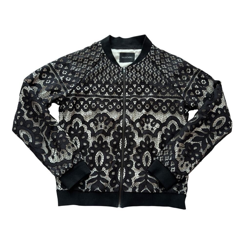 Dolce Cabo Lace Bomber Jacket Black Floral Zip Up XS Sheer Lace Jacket